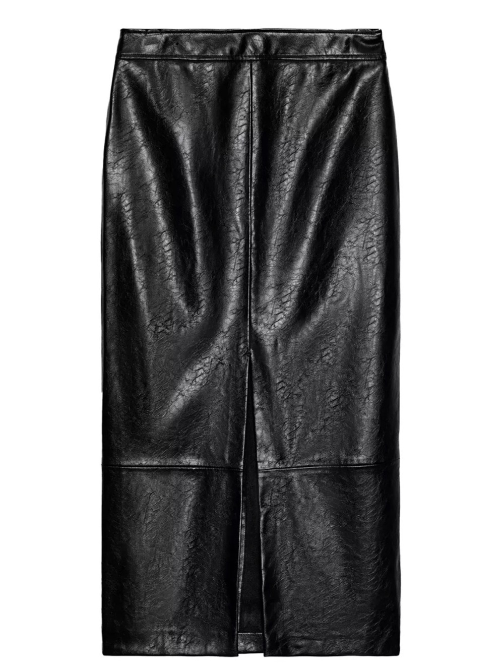Zara Black Faux Leather Midi Pencil Skirt with Back Slit